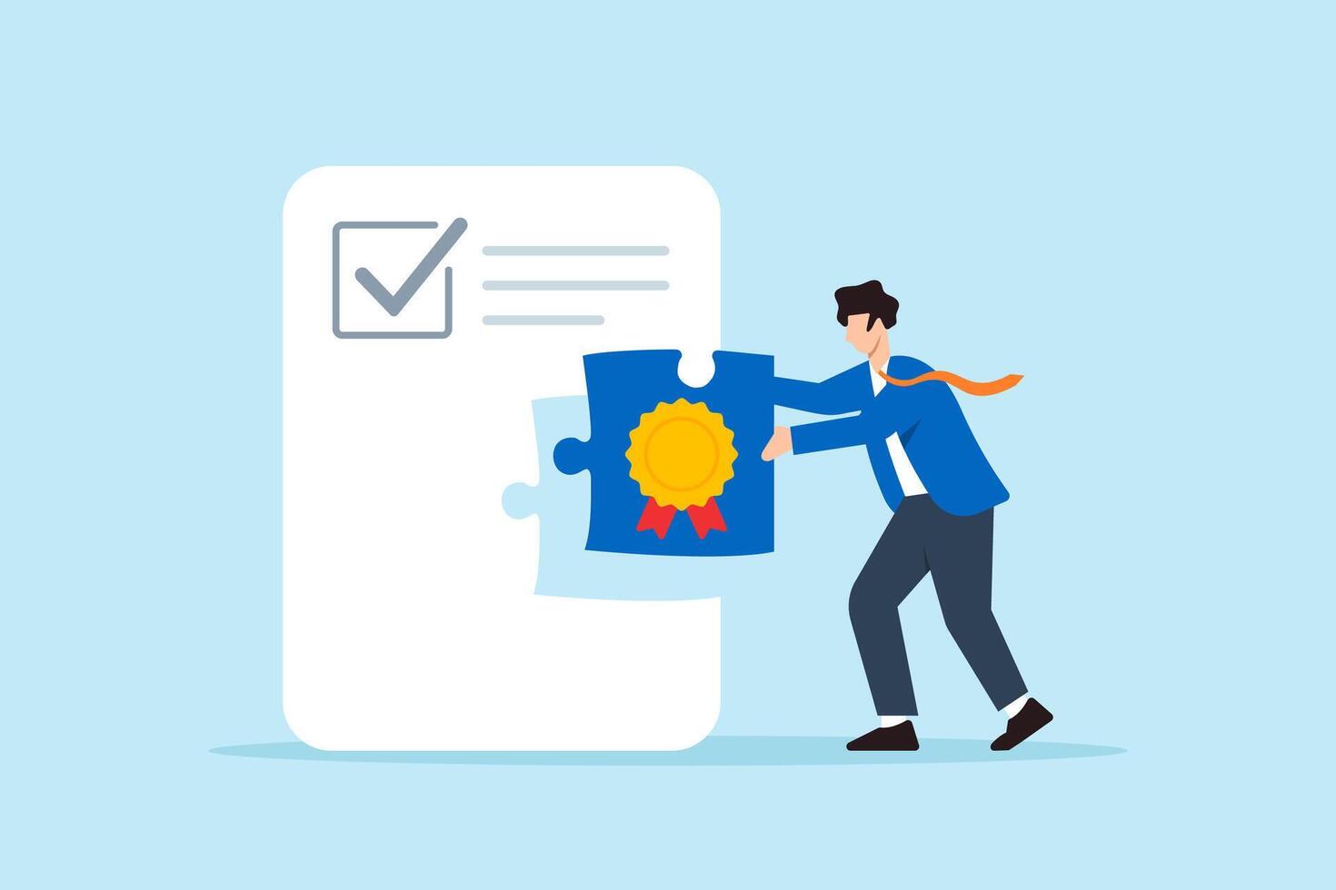 Flat illustration of businessman fitting quality control badge puzzle piece into certification document for approval vector