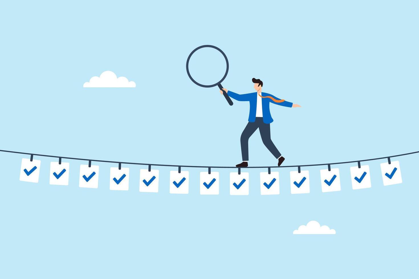 Flat illustration of businessman balancing magnifying glass on rope made of checklist papers to inspect standard approval and task completion vector