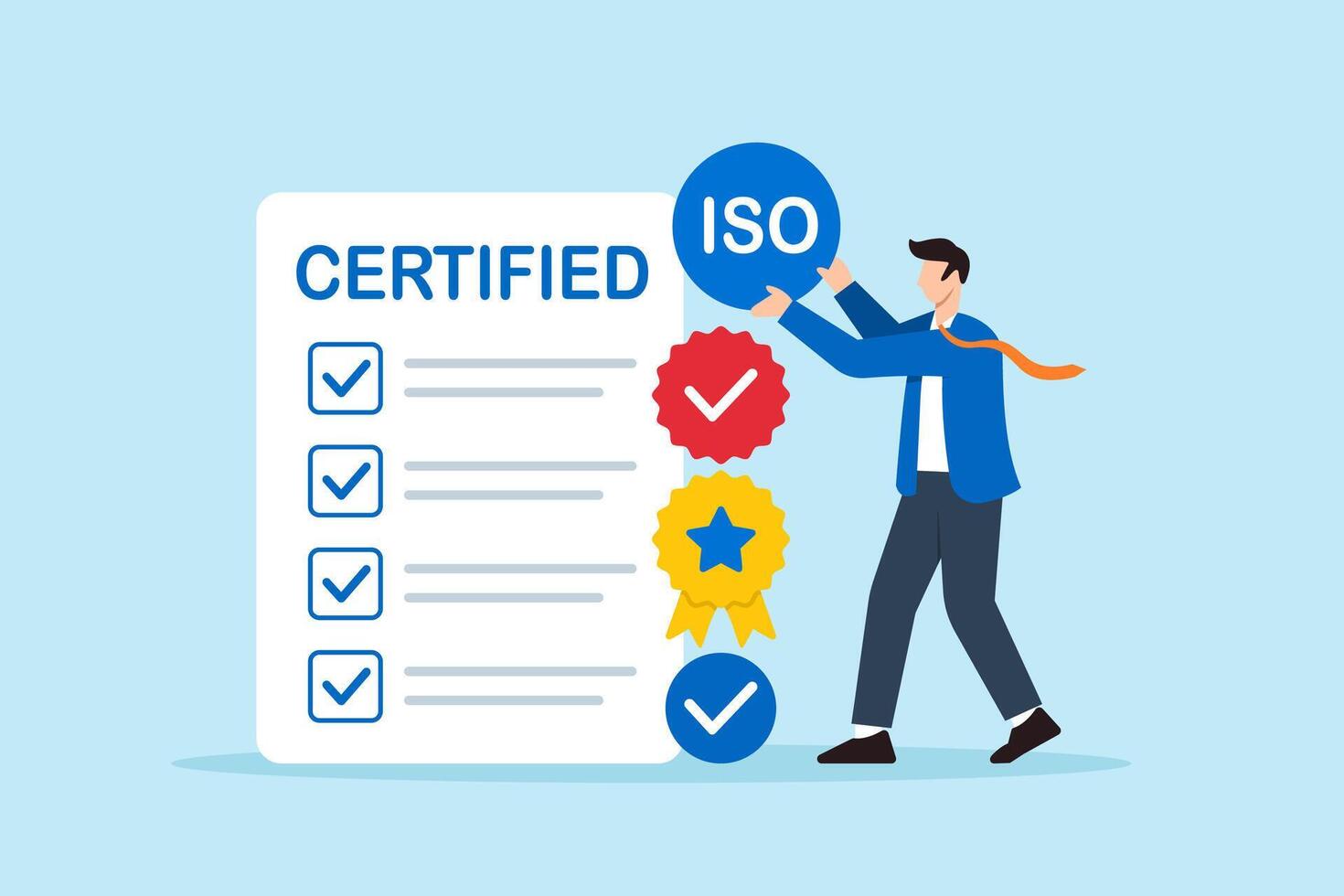 Flat illustration of businessman stacking quality badges to build ISO certified checklist for business approval vector