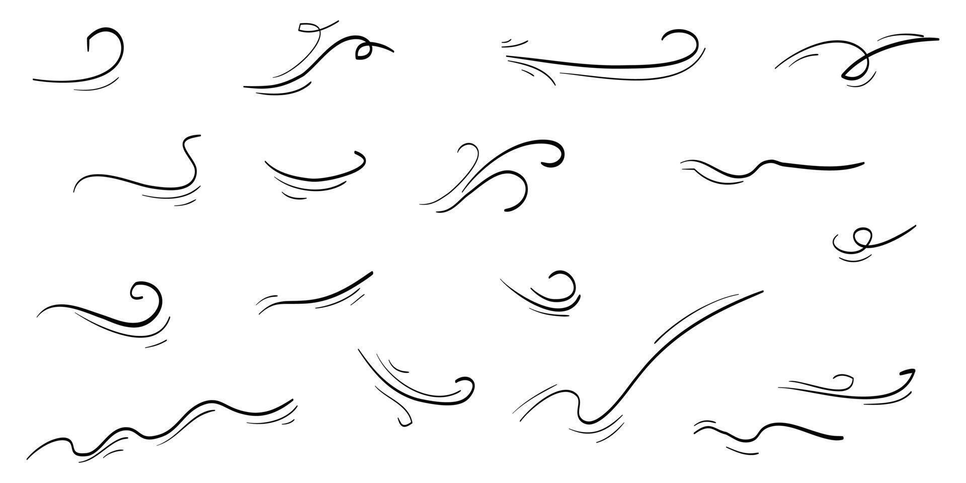 Doodle wind blow, gust, air blow, swirl design elements. isolated on white background, hand drawn illustration vector