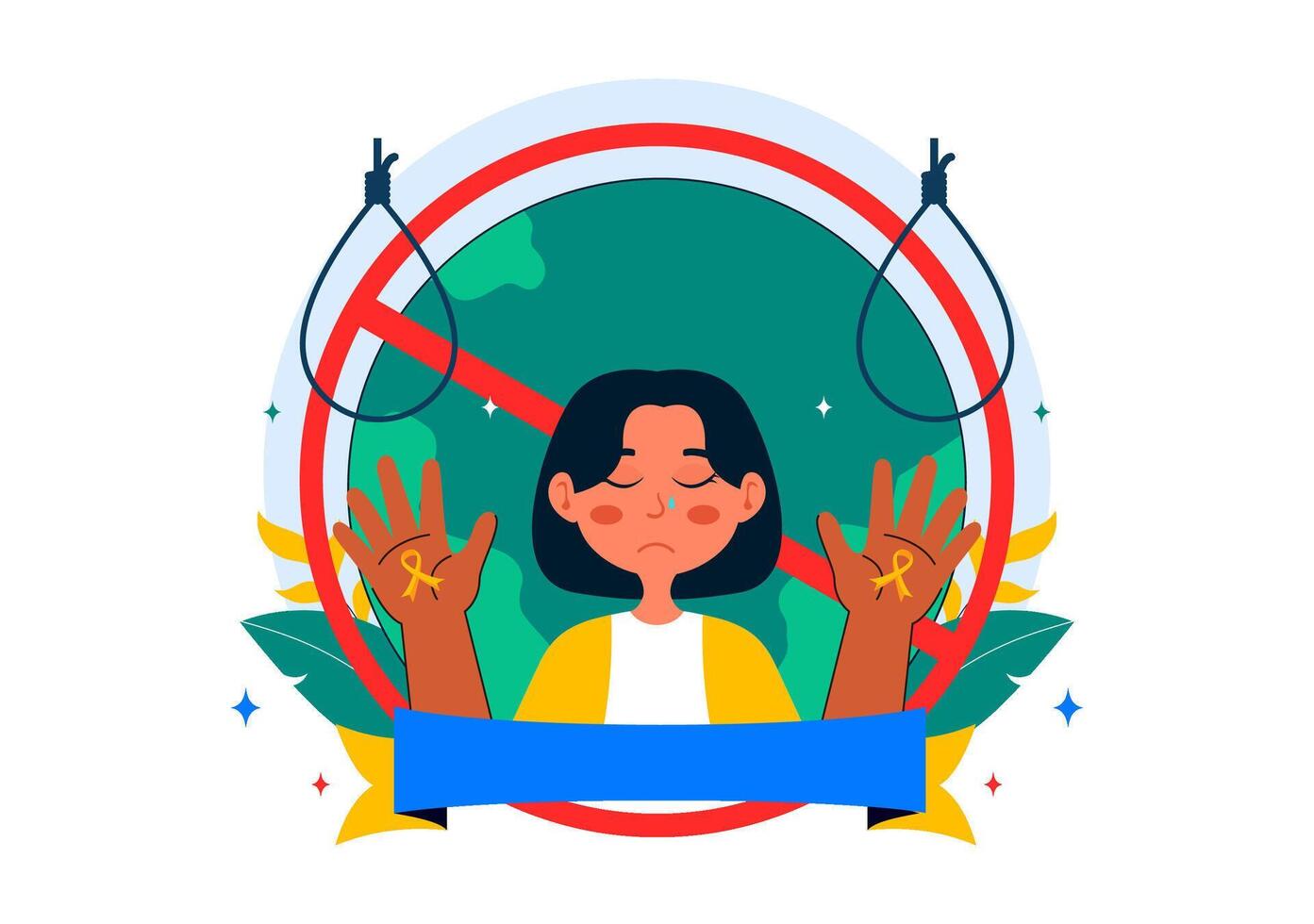 Flat Cartoon Background for Suicide Prevention Day Depicting Hands Saving a Life and a Rope Symbol vector