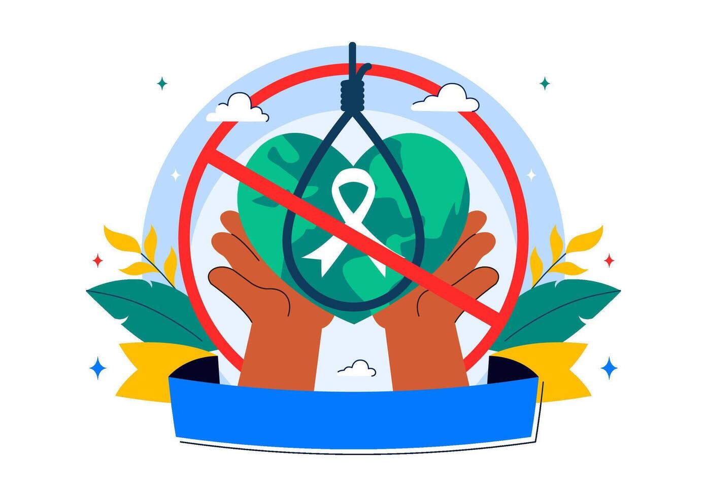 World Suicide Awareness Day Art Featuring a Hanging Rope and Hands Reaching Out in Flat Cartoon Style vector