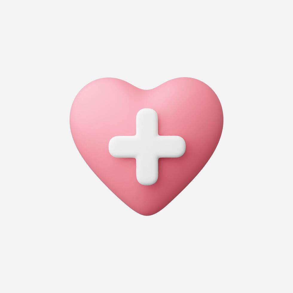 A cute, 3D pink heart with a white plus sign symbolizing care. vector