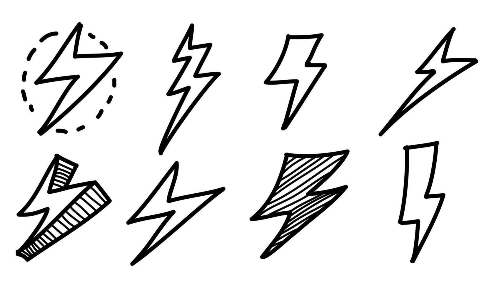 Set of Hand drawn electric lightning. Doodle thunderbolt and thunderstorm. vector