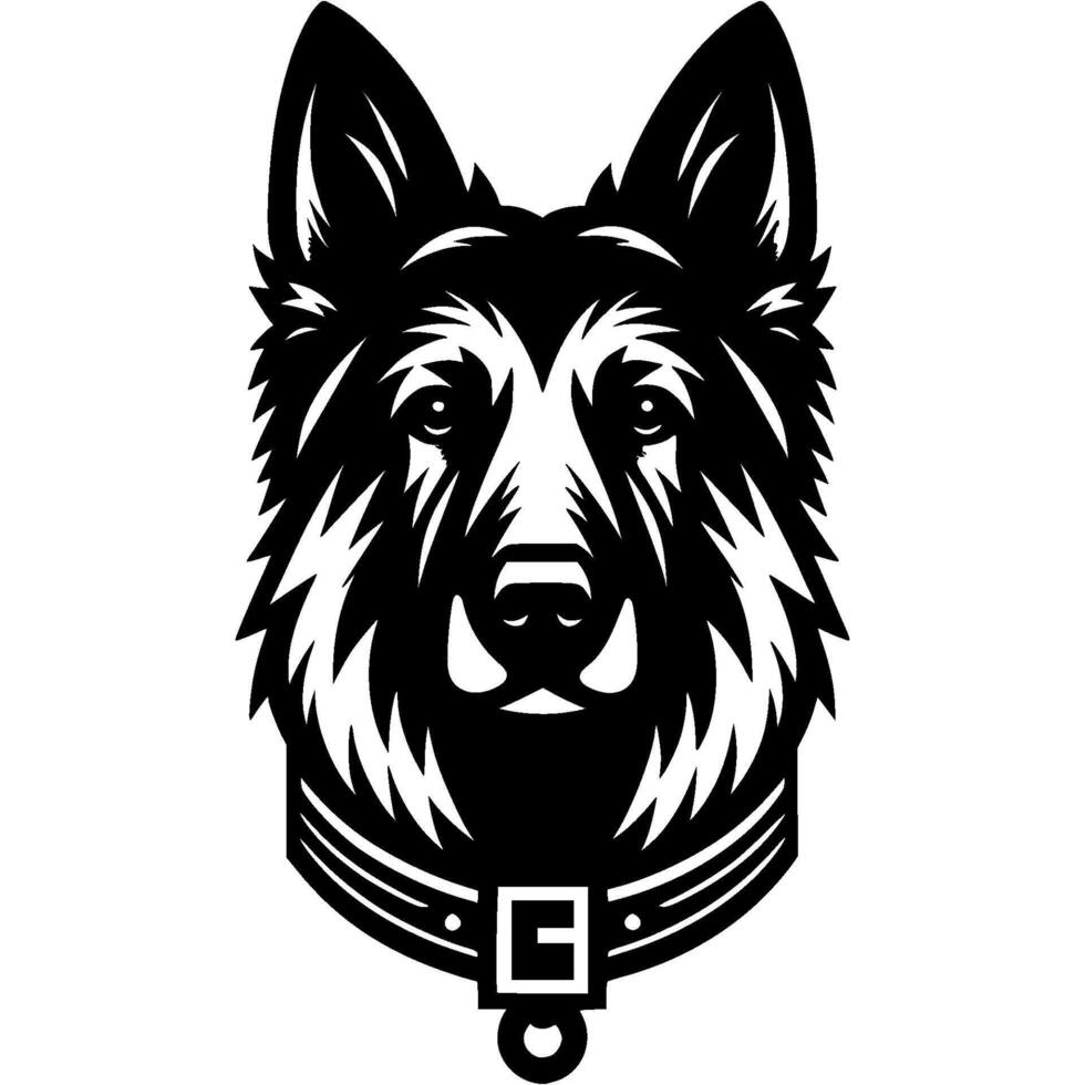 Tattoo of serious German shepherd dog head in monochrome. German shepherd dog portrait in collar. Engraving minimalistic image in black ink drawing on white background vector