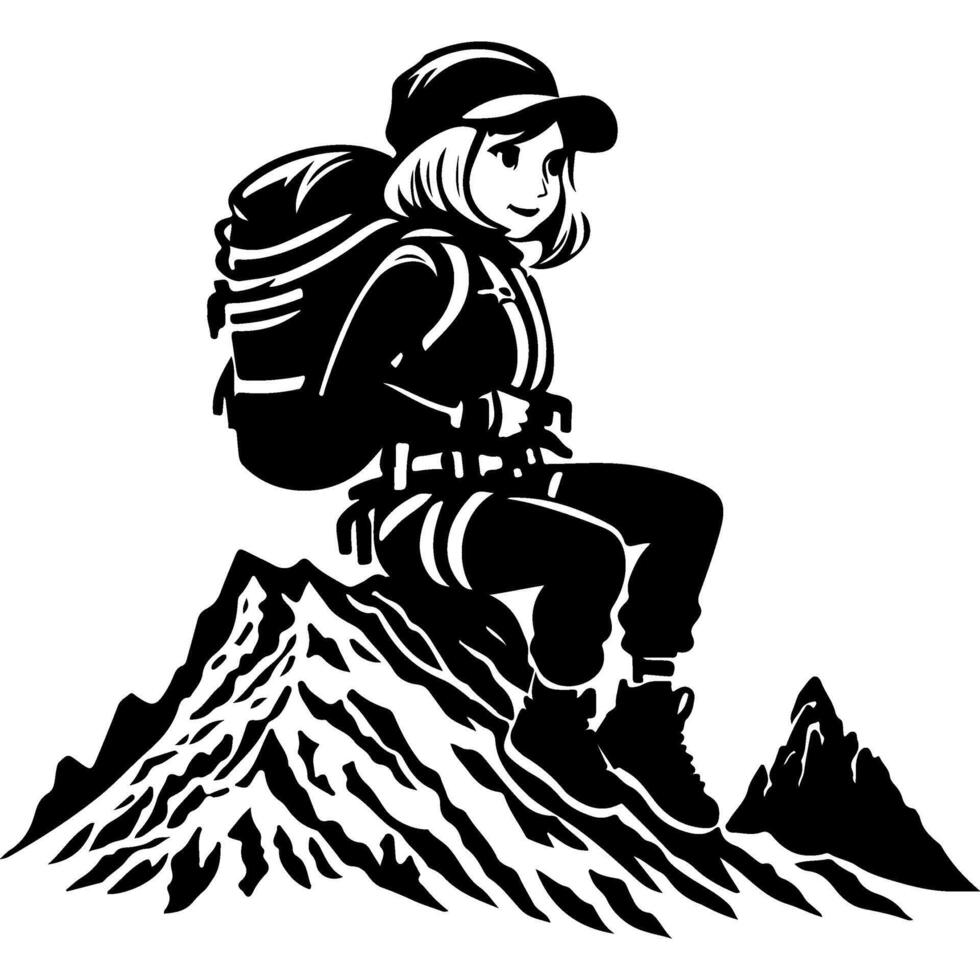 Sketchy sport emblem of female tourist is resting with a backpack on her shoulders on the top of a mountain in monochrome. Engraving minimalistic image in black ink drawing on white background vector