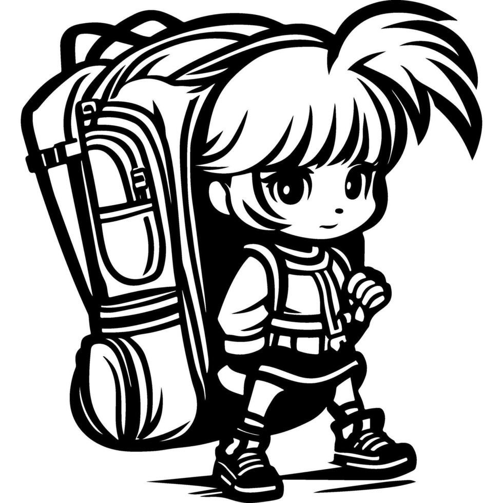 Sketchy sport emblem of young traveler with a huge backpack on his back ready for a hike in monochrome. Engraving minimalistic image in black ink drawing on white background vector