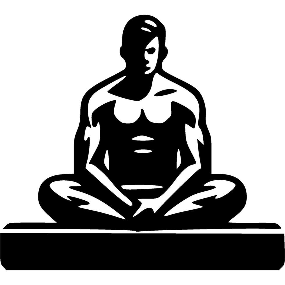 Sport emblem of gymnast man sits in lotus position doing stretching and breathing exercises in monochrome. Engraving minimalistic image in black ink drawing on white background vector