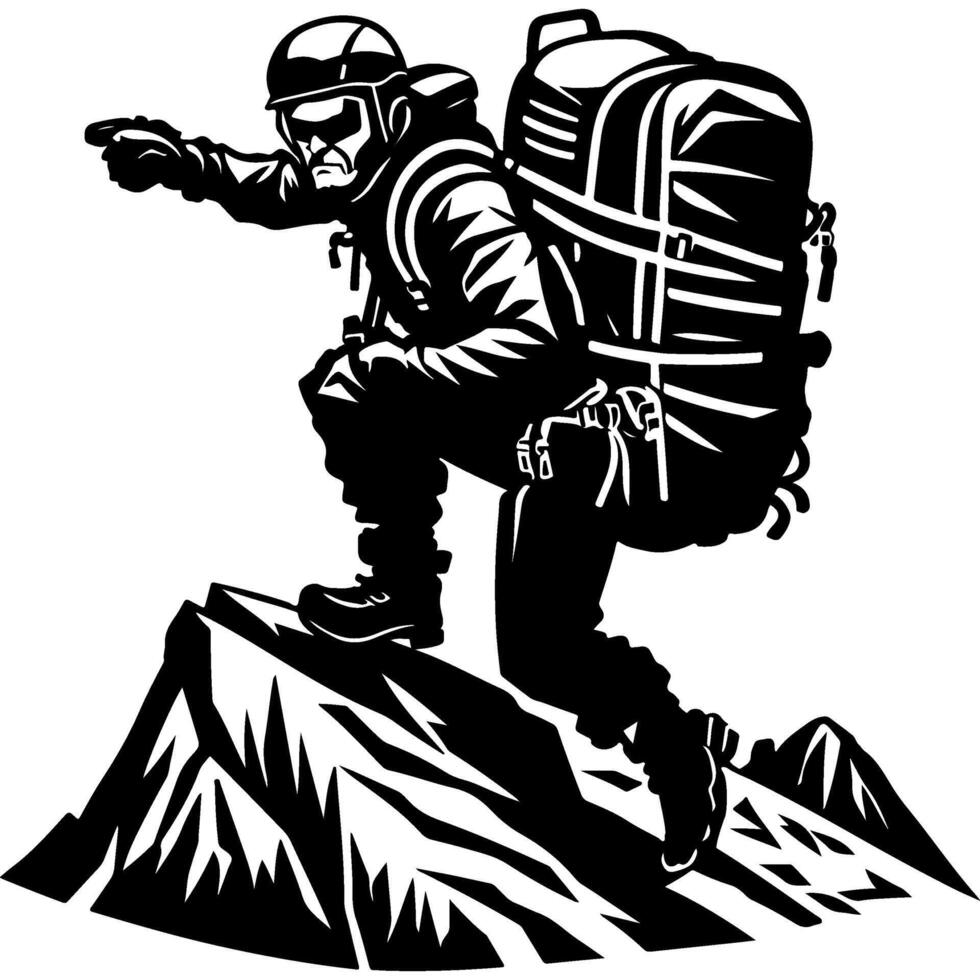 Sketchy sport emblem of experienced mountain guide shows the direction of movement along the route in monochrome. Engraving minimalistic image in black ink drawing on white background vector