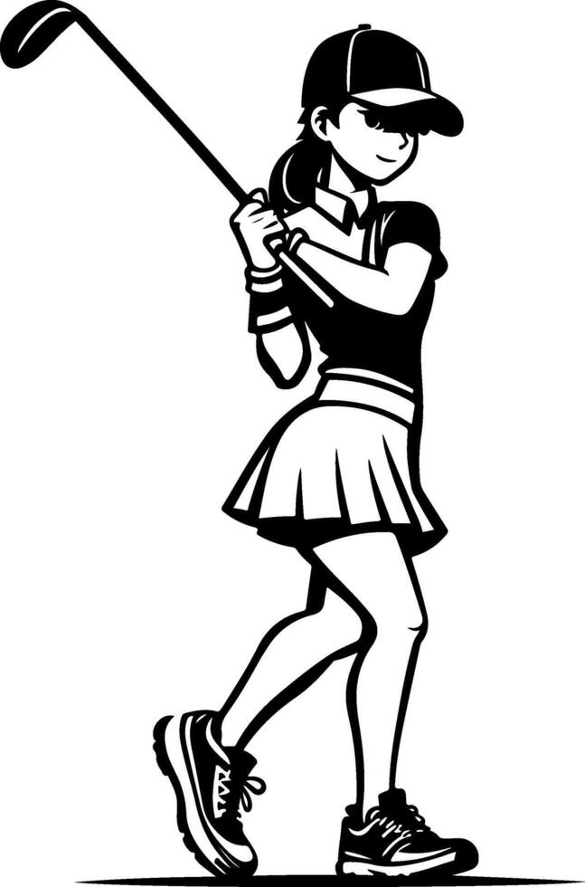 Sketchy sport emblem of sportswoman golfer effect poses with golf club in monochrome. Engraving minimalistic image in black ink drawing on white background vector