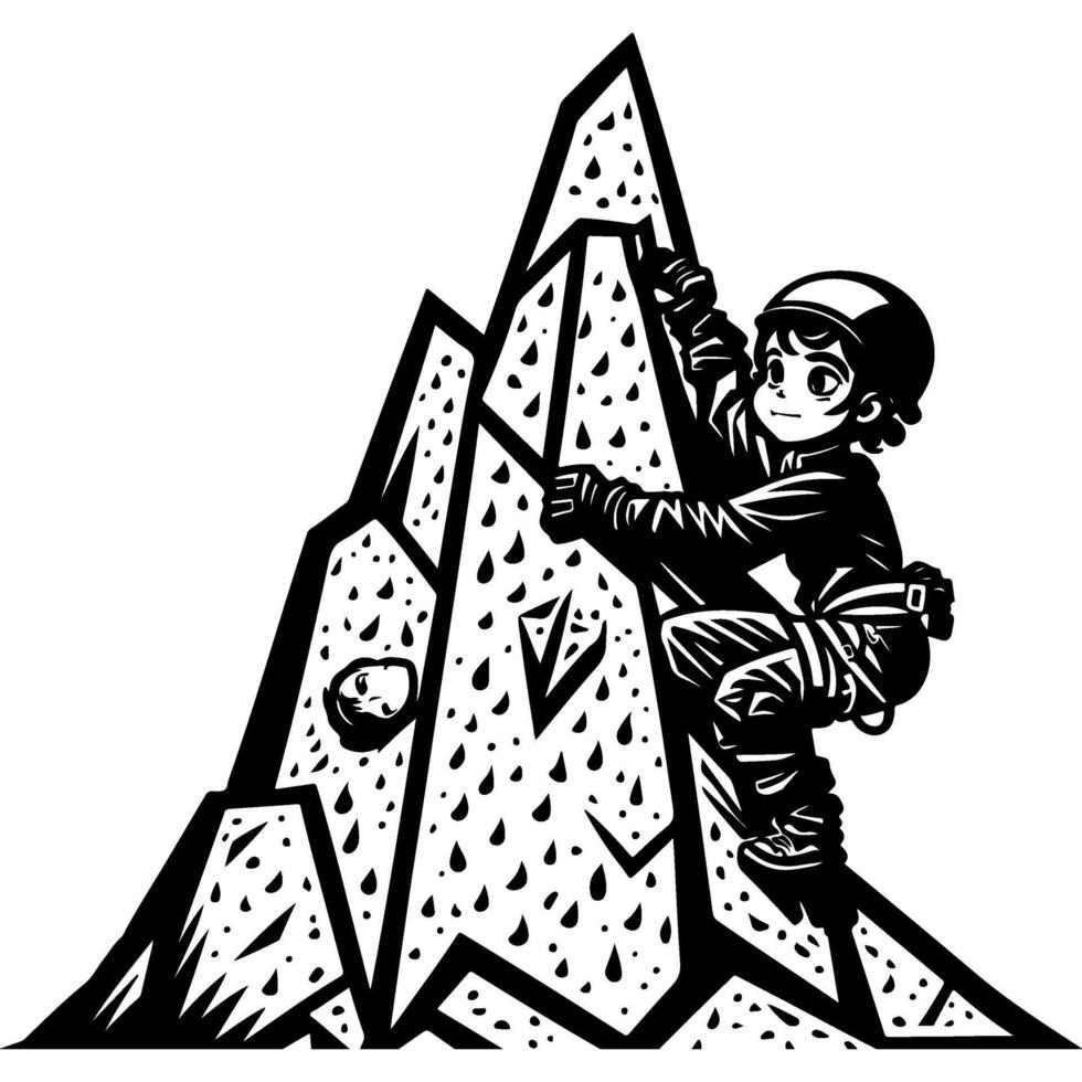 Sketchy sport emblem of brave climber climbs a mountain peak in monochrome. Engraving minimalistic image in black ink drawing on white background vector