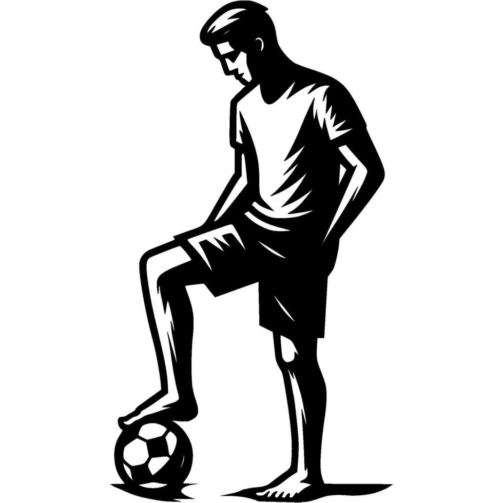 Tattoo emblem of beach soccer player in sportswear placing ball on center spot to start game in monochrome. Engraving minimalistic image in black ink drawing on white background vector