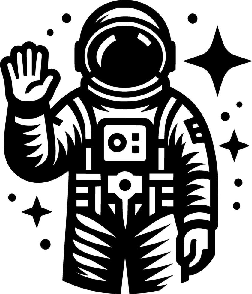 Sketchy cosmic emblem of astronaut greets extraterrestrial intelligence in monochrome. Engraving minimalistic image in black ink drawing on white background vector