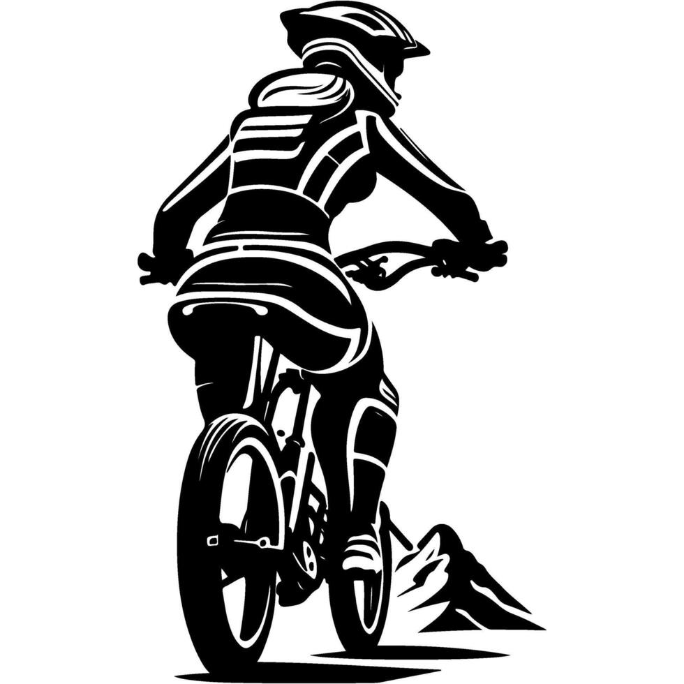 Sketchy sport emblem of professional mountain biker prepares to conquer the mountain track at the start in monochrome. Engraving minimalistic image in black ink drawing on white background vector
