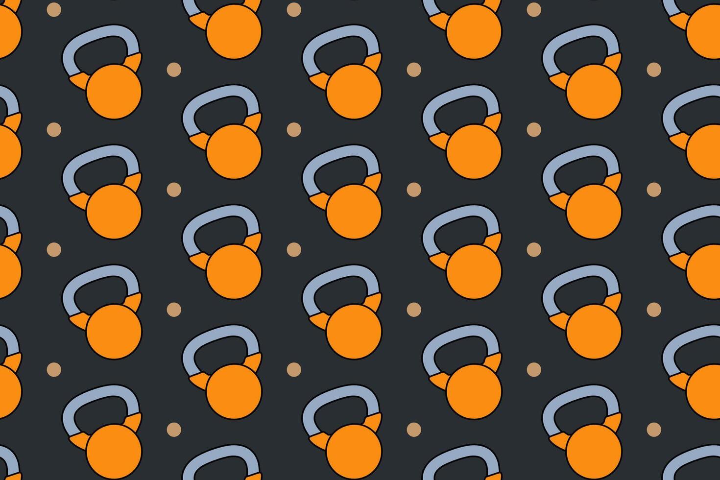 Kettlebell with dot seamless pattern on black background. Kettlebell colorful doodle cartoon pattern background. Kettlebell isolated motif wallpaper. Fitness, gym, weightlifting merchandise vector