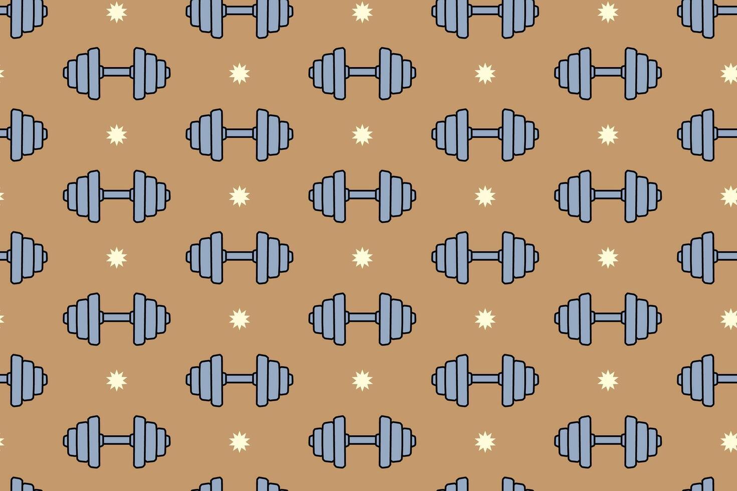 Dumbbell with weight plate seamless pattern on tan background. dumbbell with star colorful pattern background. Dumbbell isolated motif wallpaper. Fitness, gym, weightlifting packaging and merchandise vector