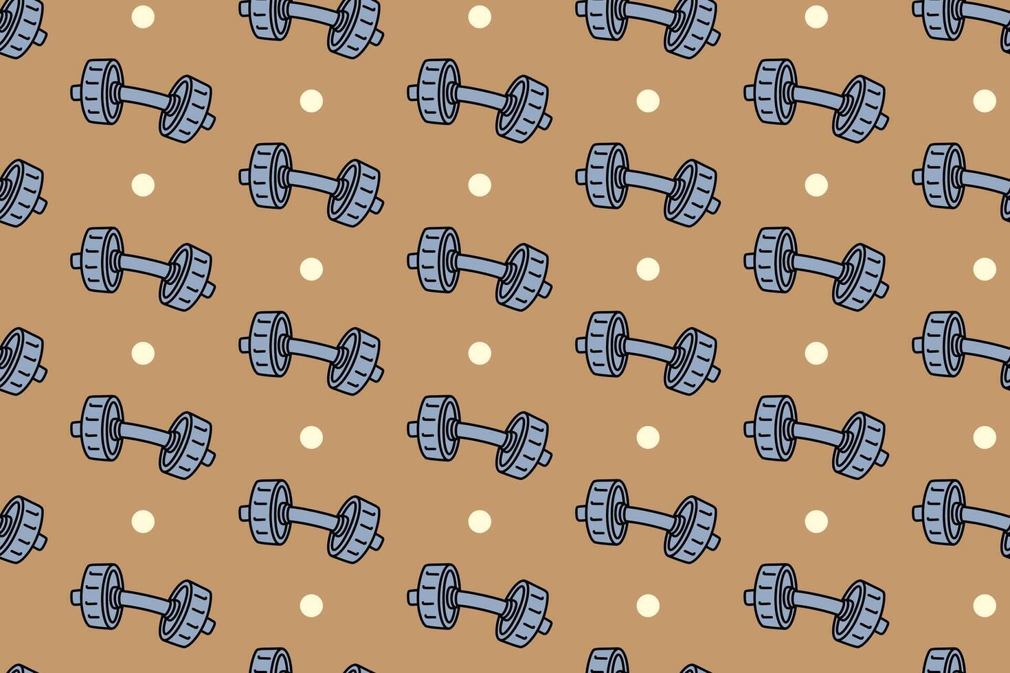 Dumbbell with dot seamless pattern on tan background. Dumbbell colorful doodle cartoon pattern background. Dumbbell isolated motif wallpaper. Fitness, gym, weightlifting packaging and merchandise vector