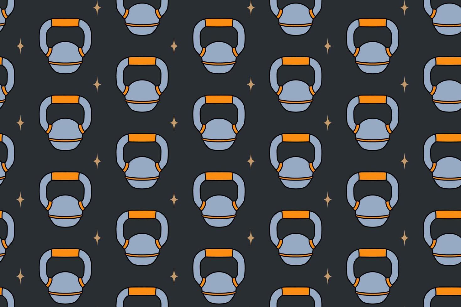Kettlebell with light seamless pattern on black background. Doodle kettlebell colorful cartoon pattern background. Kettlebell isolated motif wallpaper. Fitness, gym, weightlifting merchandise vector