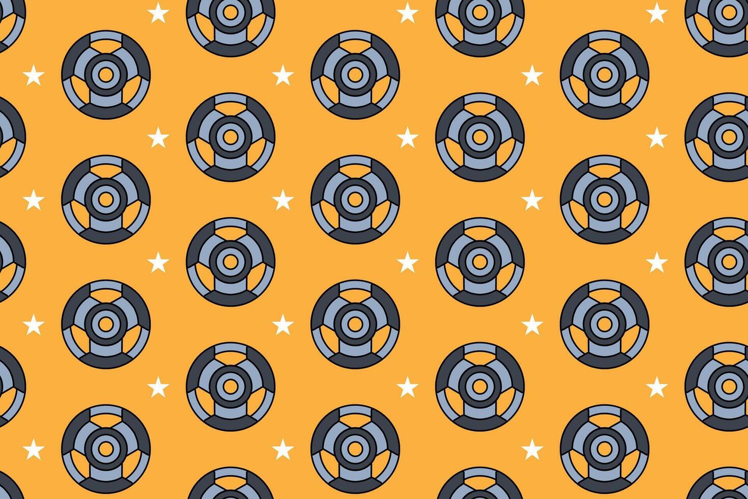 Weight plate with star seamless pattern on yellow background. Weight plates colorful doodle pattern background. Weight plate isolated motif wallpaper. Fitness, gym, weightlifting merchandise vector