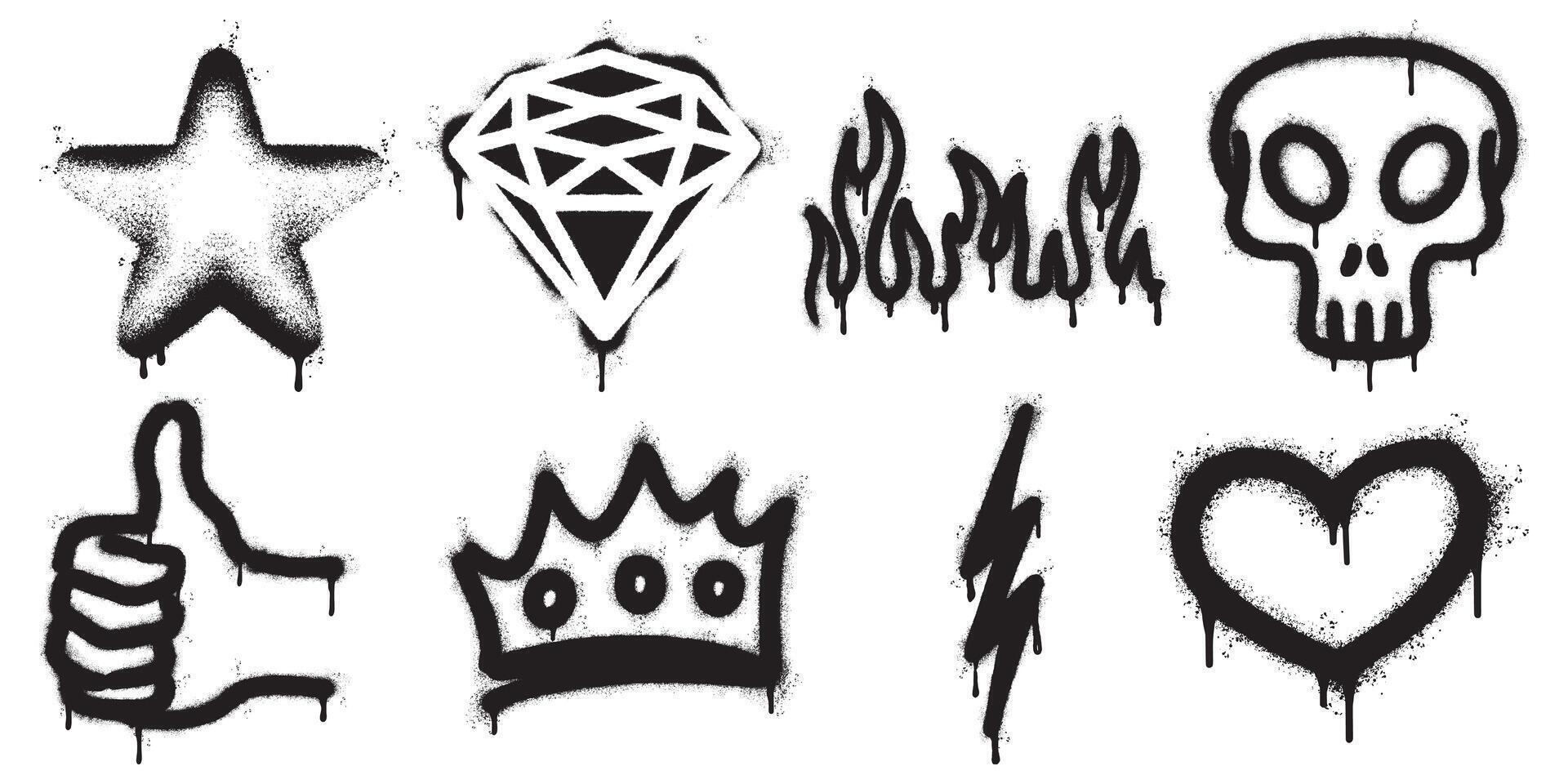 collection of eight bold black graffiti stencil icons on a white background, including a star, diamond, flames, skull, thumbs up, crown, lightning bolt, and heart. vector