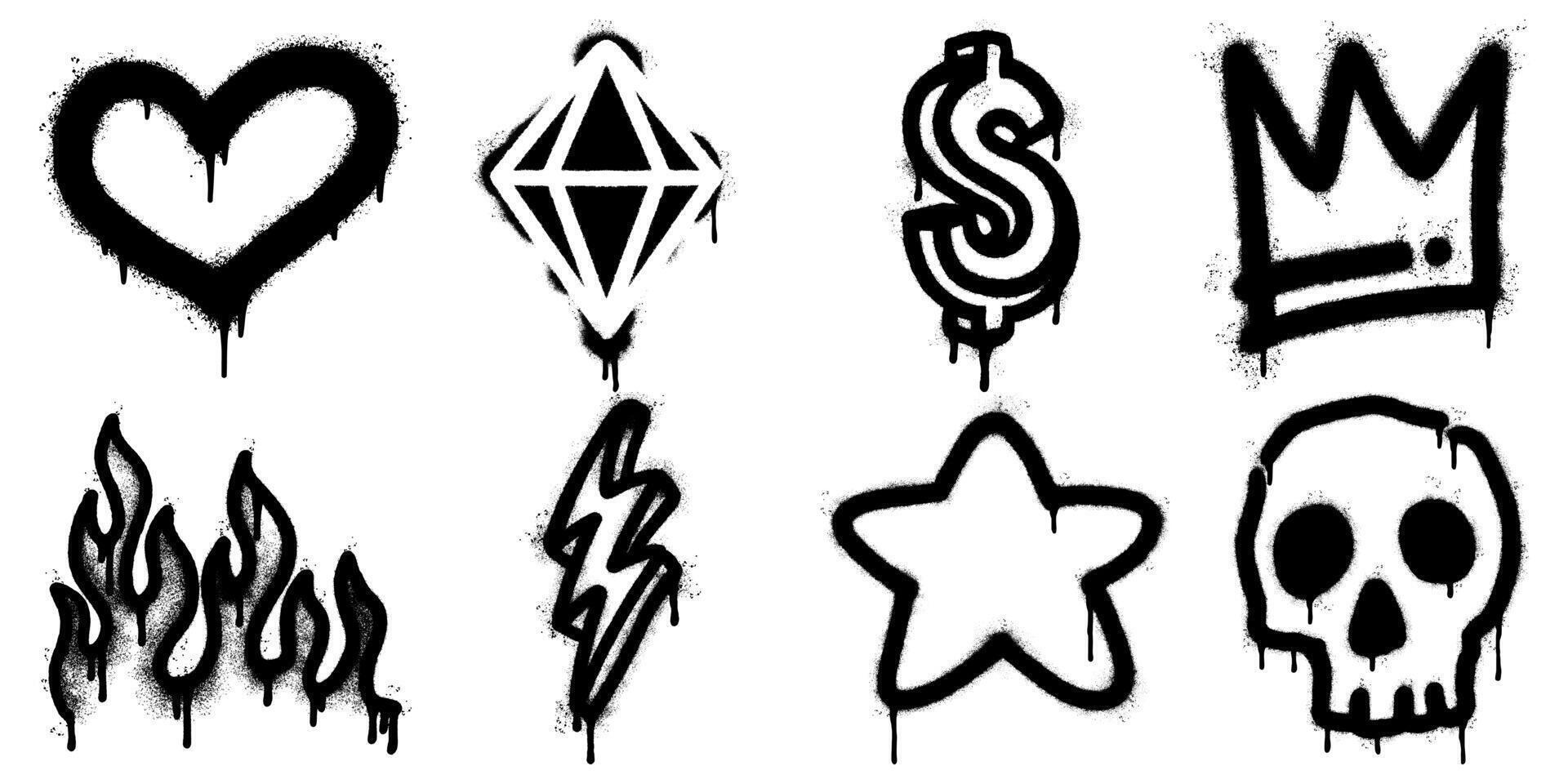 Set of black graffiti icons sprayed with a grunge effect, including heart, diamond, dollar sign, crown, flames, lightning, star, and skull. vector