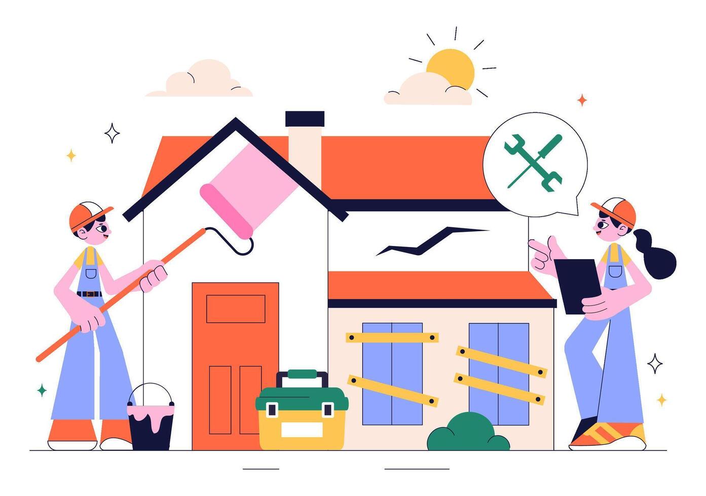 Illustration of Home Improvement Team Doing Renovation and Wall Painting vector