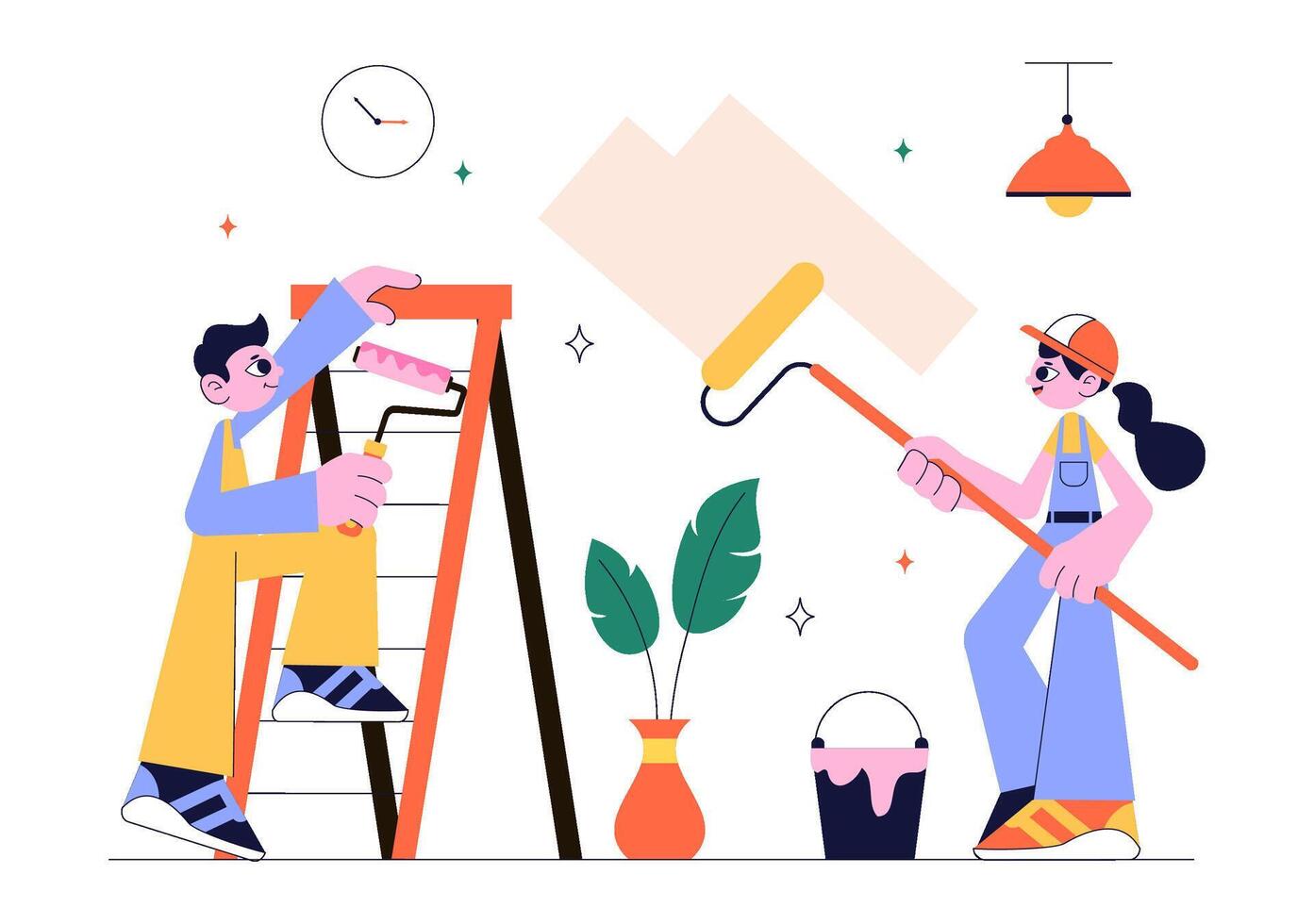 Illustration of Team Renovating and Cleaning the House in Flat Style vector
