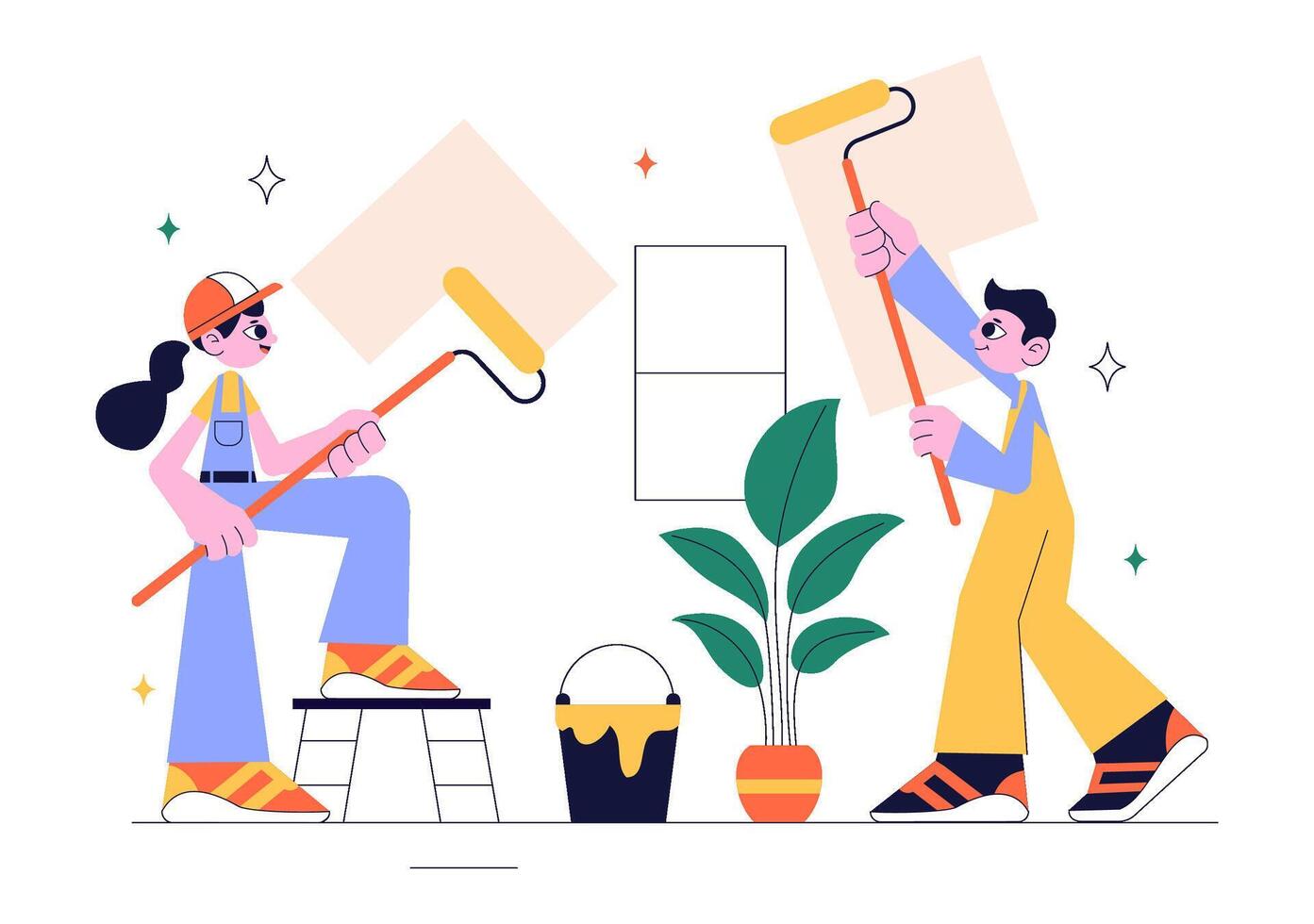 Flat Style Home Construction and Renovation Scene with House Maintenance Crew vector