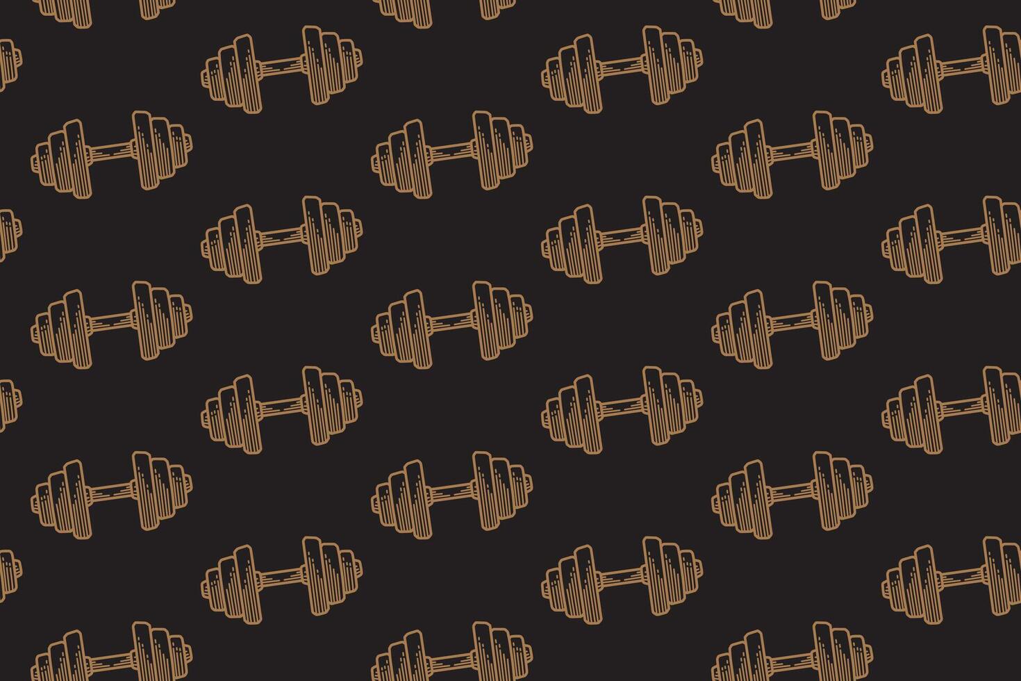 Dumbbell with weight plate line art seamless pattern on black background. Weight cast iron engraving pattern background. Dumbbell hatching motif wallpaper. Fitness, gym, weightlifting merchandise vector