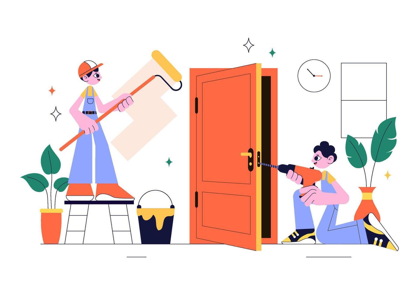 Cartoon Style of Home Remodeling and Repair Services with Working Team vector