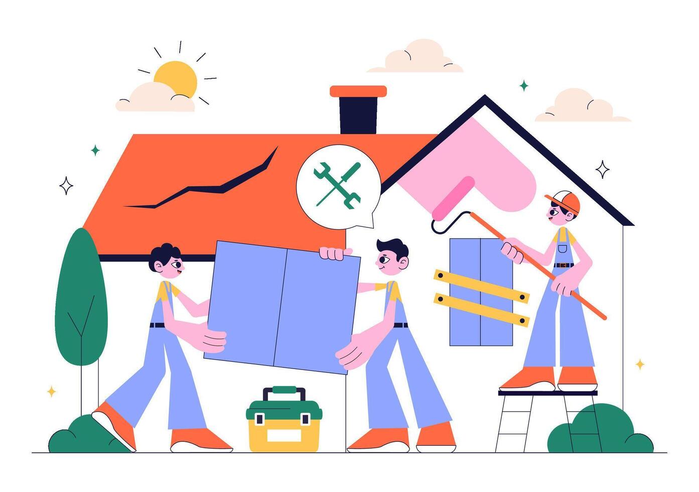House Repair and Painting Service Illustration Featuring Workers and Tools vector
