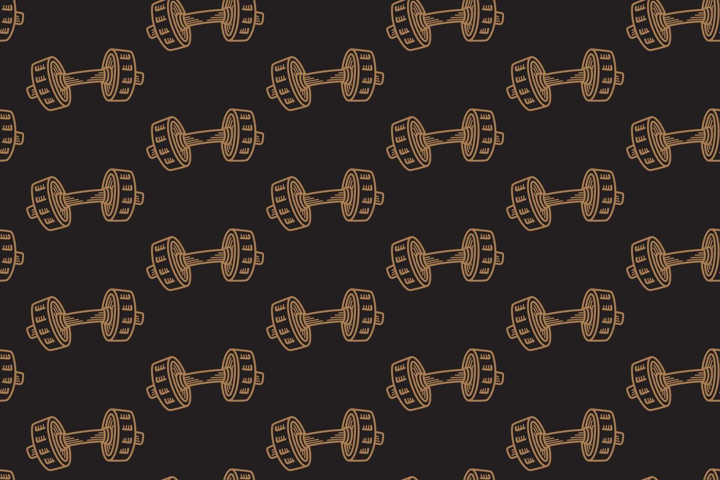 Dumbbell line art seamless pattern on black background. Dumbbell rounded engraving doodle pattern background. Weight cast iron hatching motif wallpaper. Fitness, gym, weightlifting merchandise vector