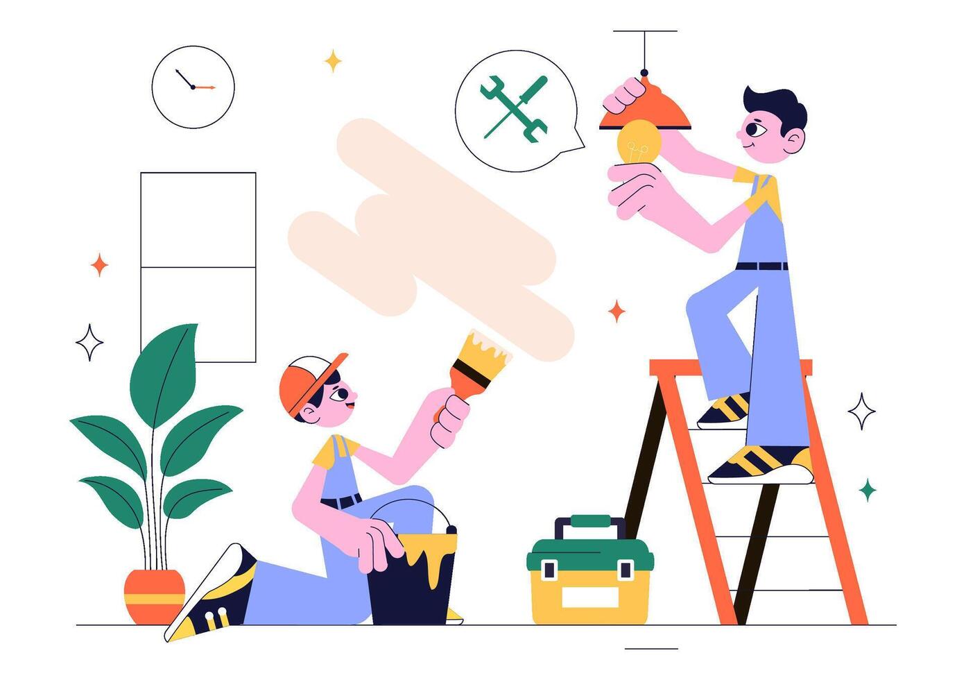 Flat Cartoon Showing House Renovation with Construction and Painting Team vector