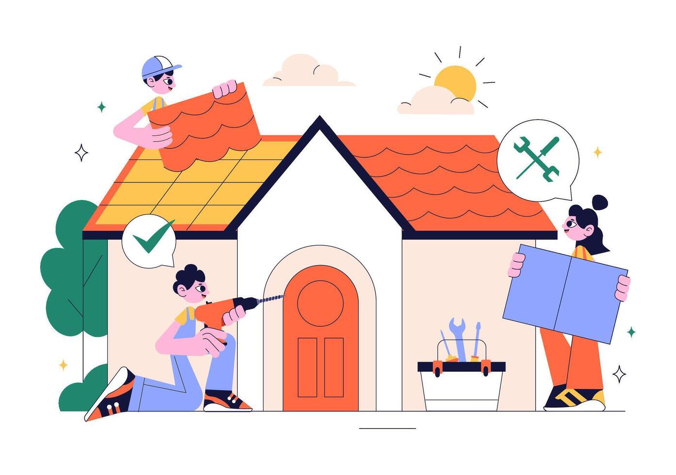 Home Restoration and Maintenance Art Featuring Professional Workers vector