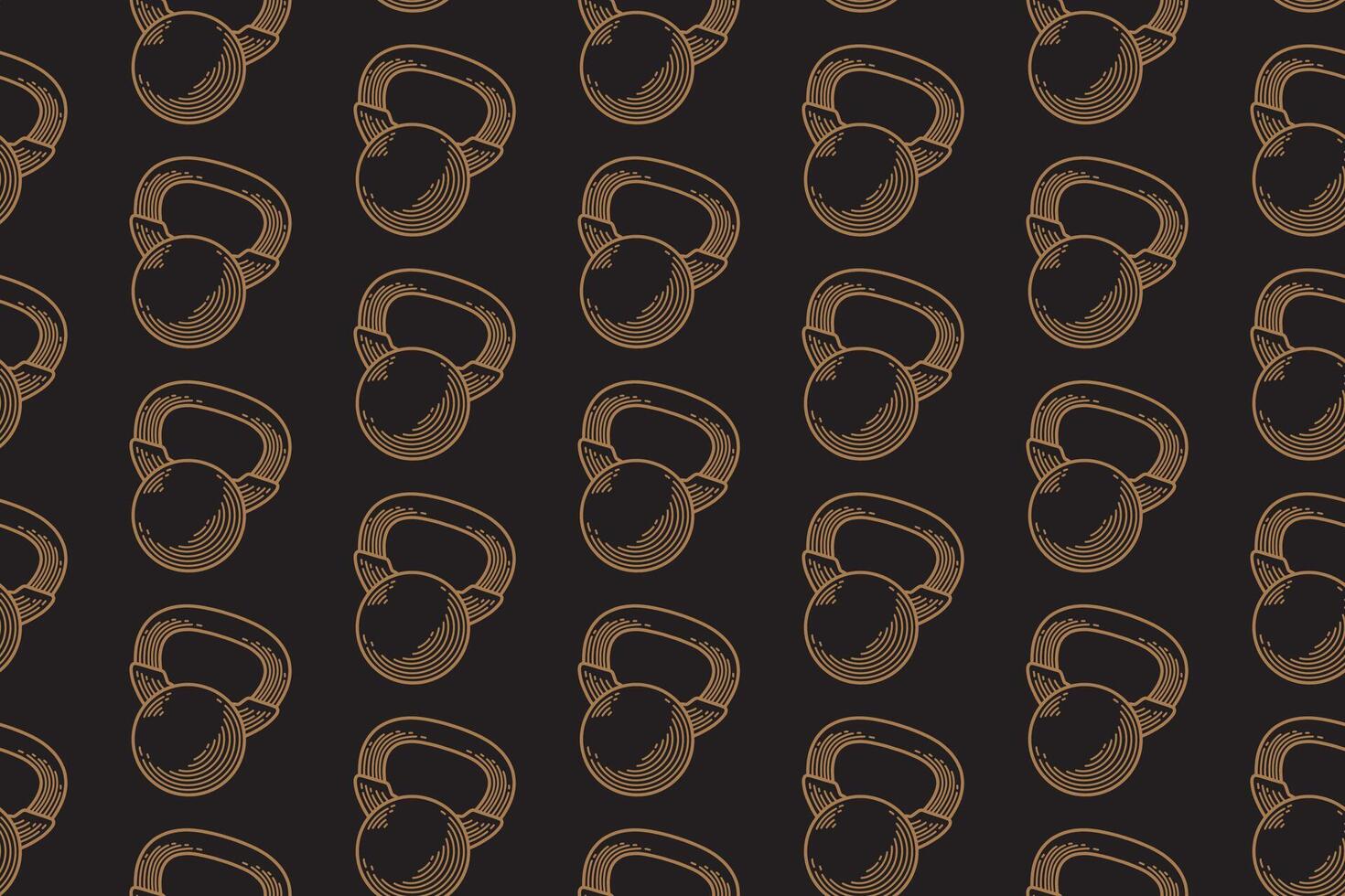 Kettlebell line art seamless pattern on black background. Iron ball with handle engraving doodle pattern background. Power bell hatching motif wallpaper. Fitness, gym, weightlifting merchandise vector