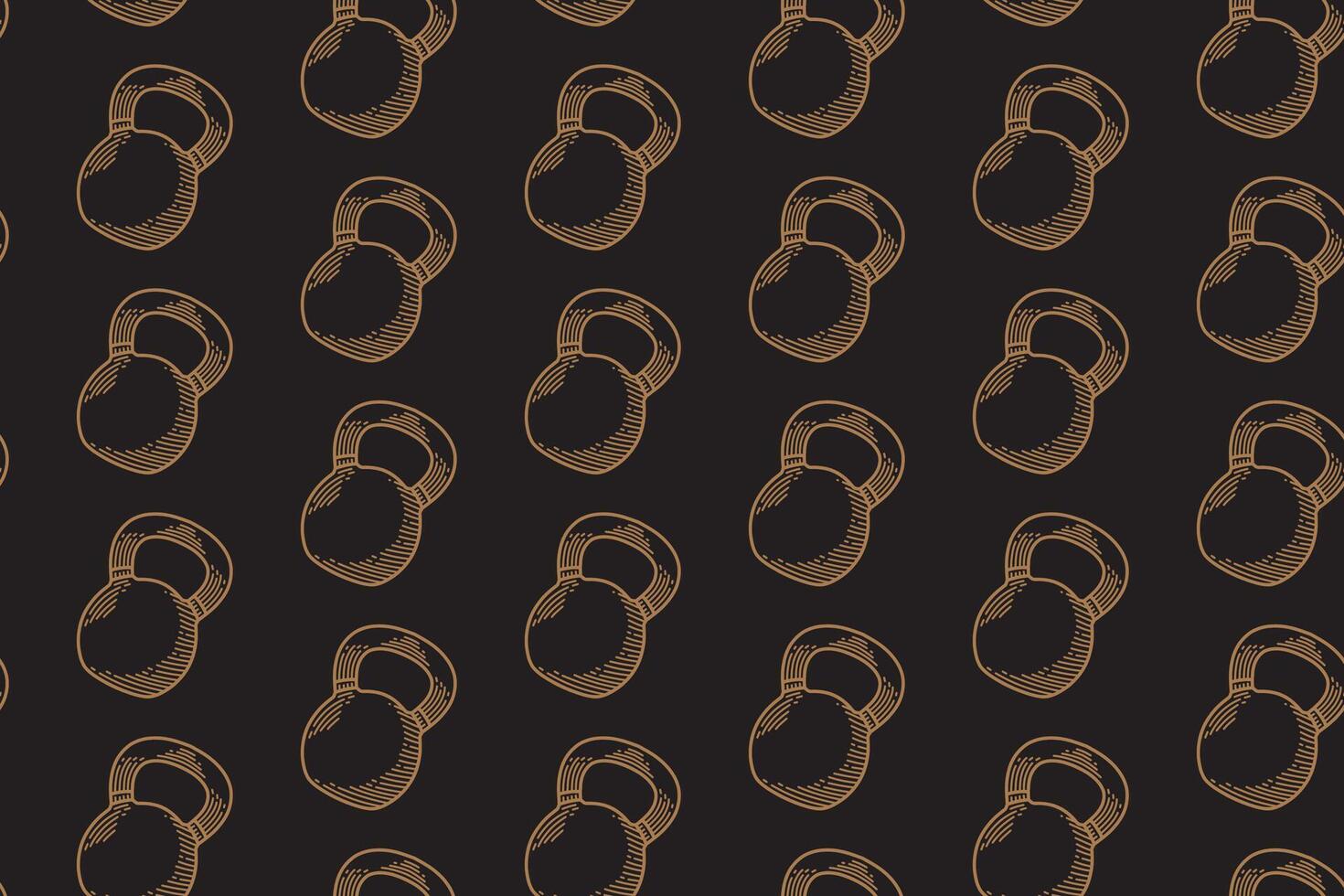 kettlebell line art seamless pattern on black background. Kettlebell doodle engraving pattern background. Training iron ball hatching motif wallpaper. Fitness, gym, weightlifting merchandise vector