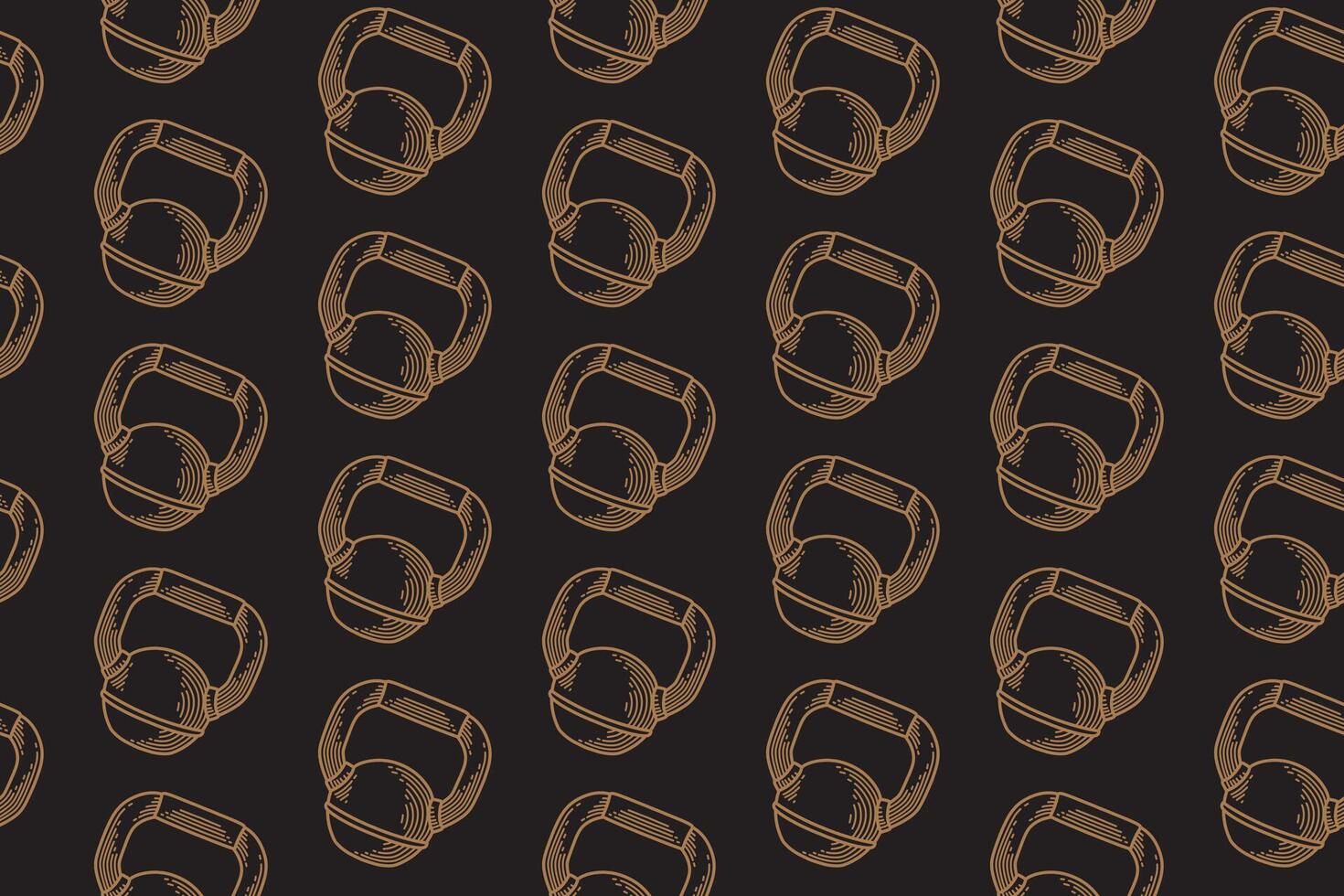 Kettlebell with handle line art seamless pattern on black background. Training iron ball engraving pattern background. Power bell hatching motif wallpaper. Fitness, gym, weightlifting merchandise vector