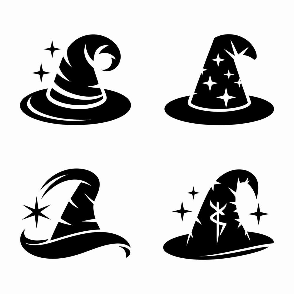 Four witch hats icon set black and white vector