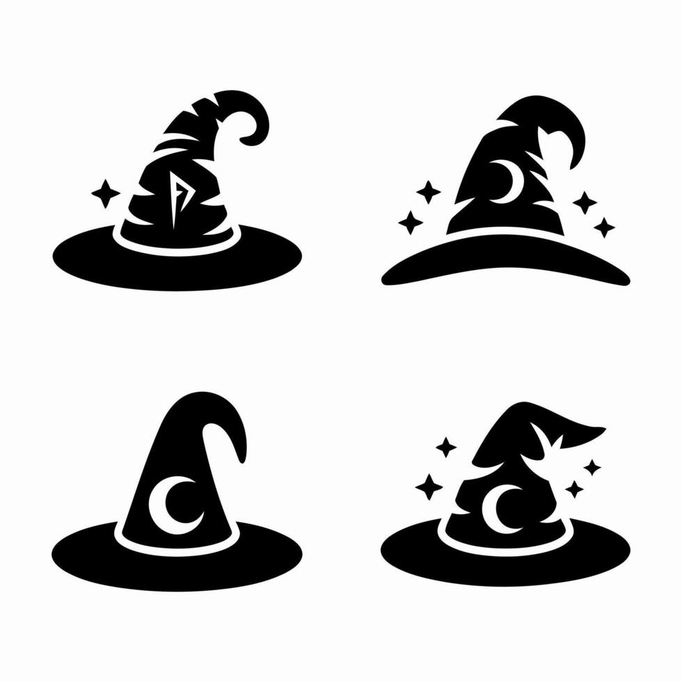 Four unique witch hat designs black silhouettes vector
