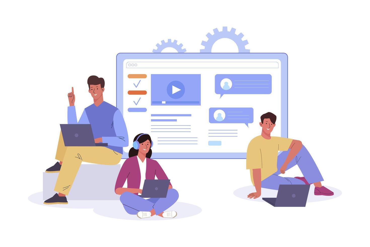 Young people sitting in difference pose using laptop for work or study. Concept of online distance education, E-learning by webinar training, lecture. Flat cartoon illustration vector