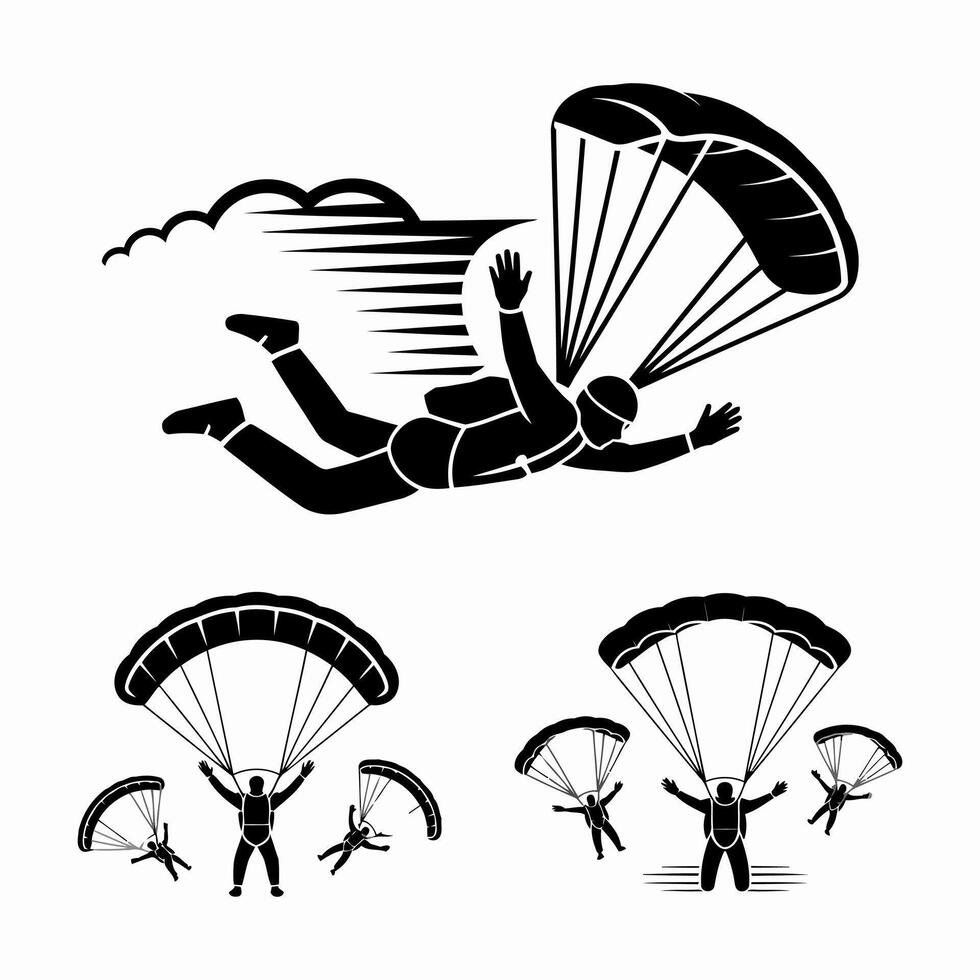 skydiving silhouettes parachuting action and group jump vector
