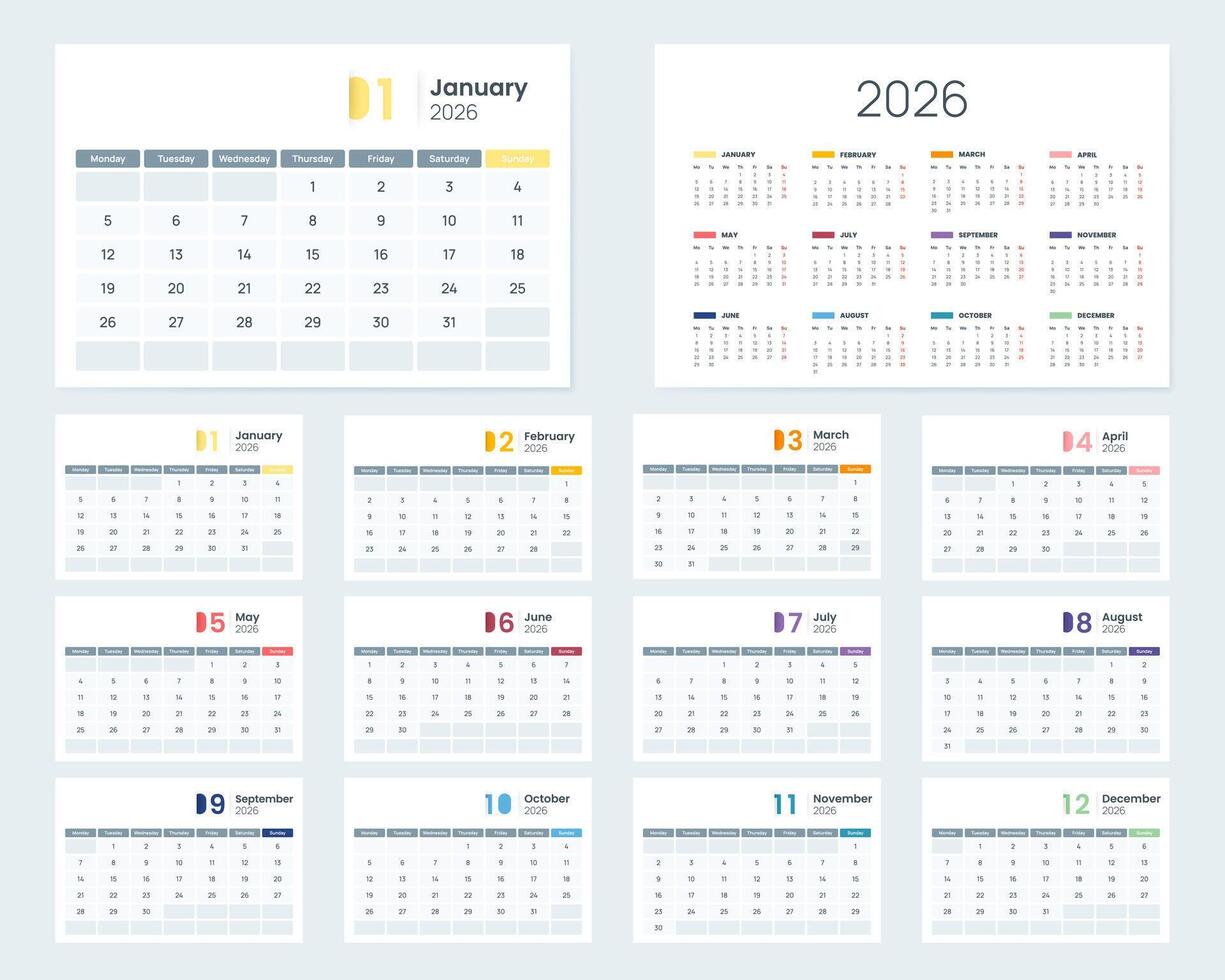 2026 calendar set with clean monthly layouts, weekday labels, corporate design template. Desk calendar 2026 vector