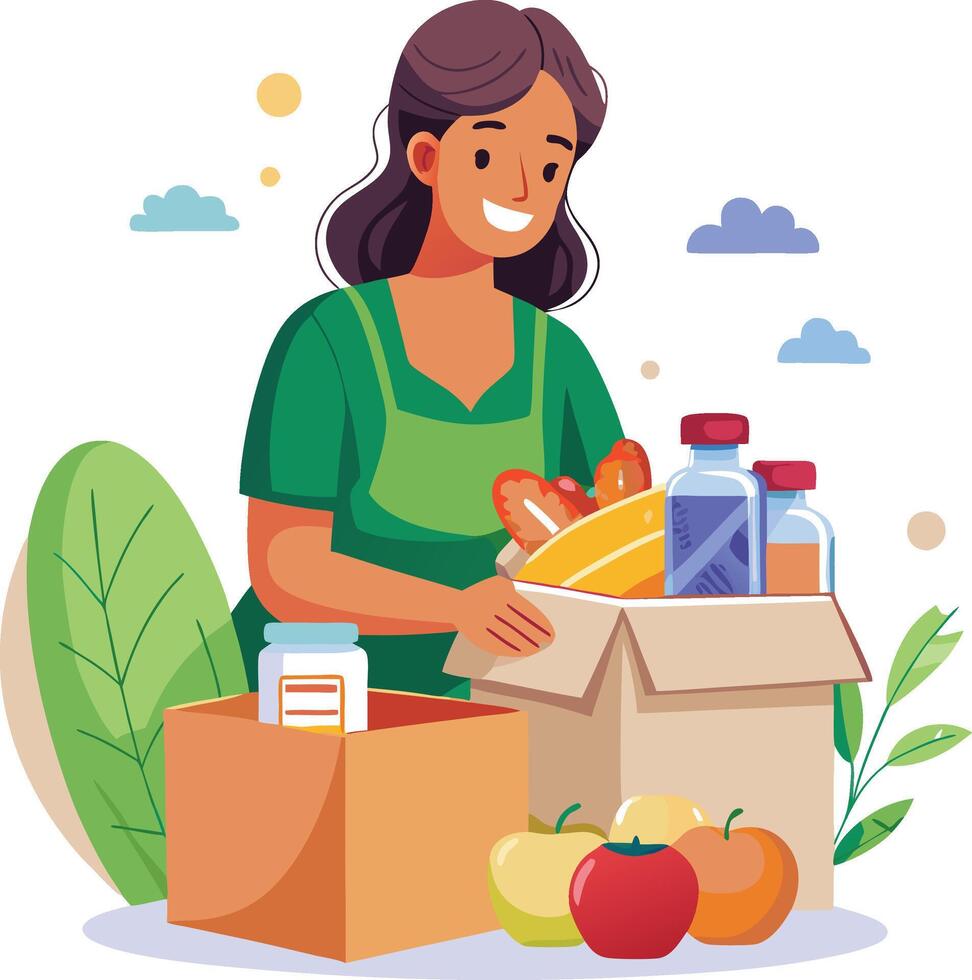 Smiling woman packing a donation box with fresh groceries and food illustration vector