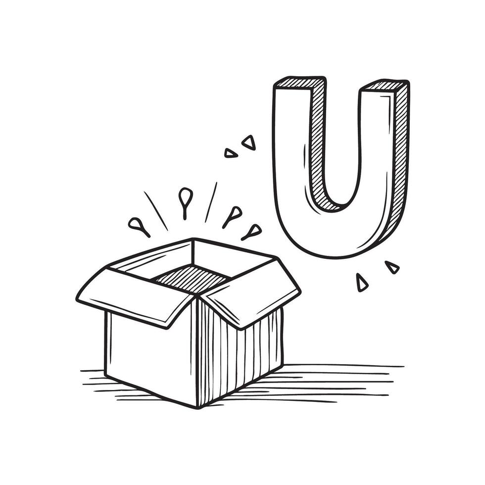 An Illustration of letter U next to open package vector
