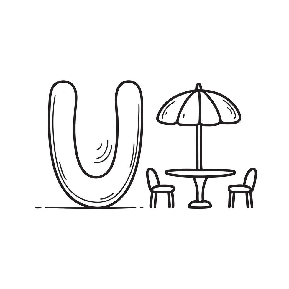 An Illustration of letter U next to Umbrella table set vector