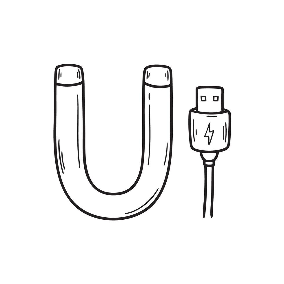 An Illustration of letter U next to USB cable vector
