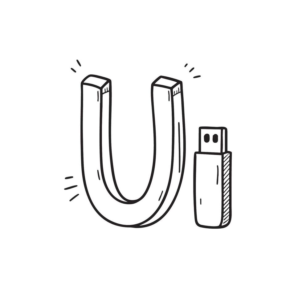 An Illustration of letter U next to USB drive vector