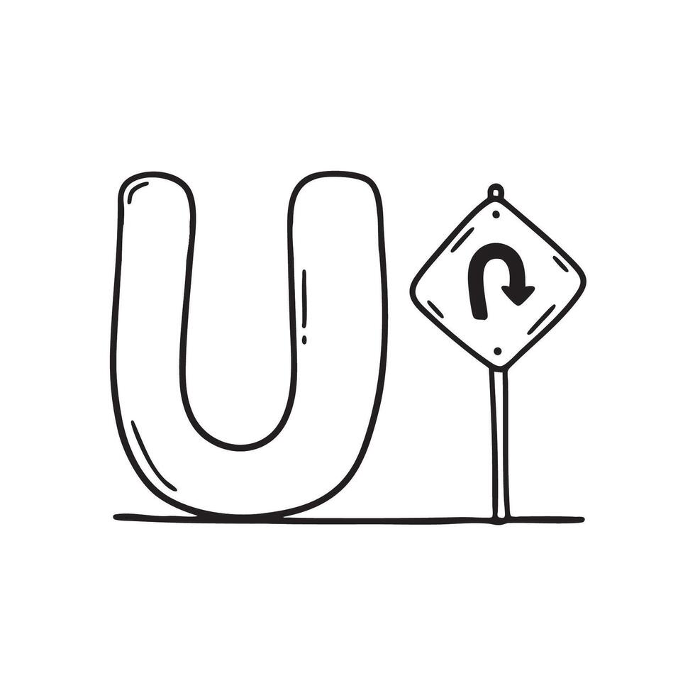 An Illustration of letter U next to U turn sign vector