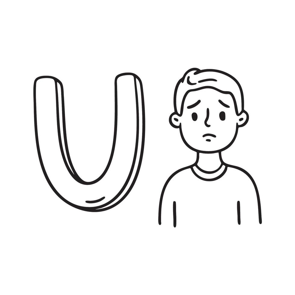 An Illustration of letter U next to Upset person vector