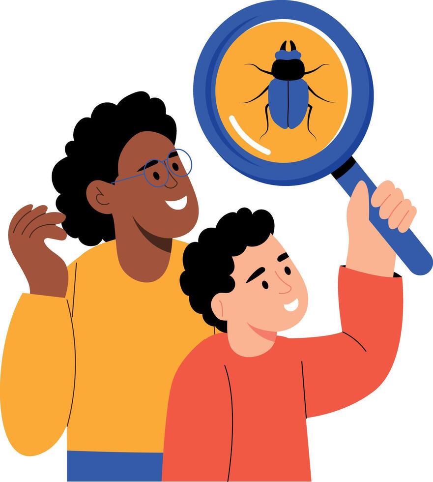 A flat style illustration showing a kid observing nature vector